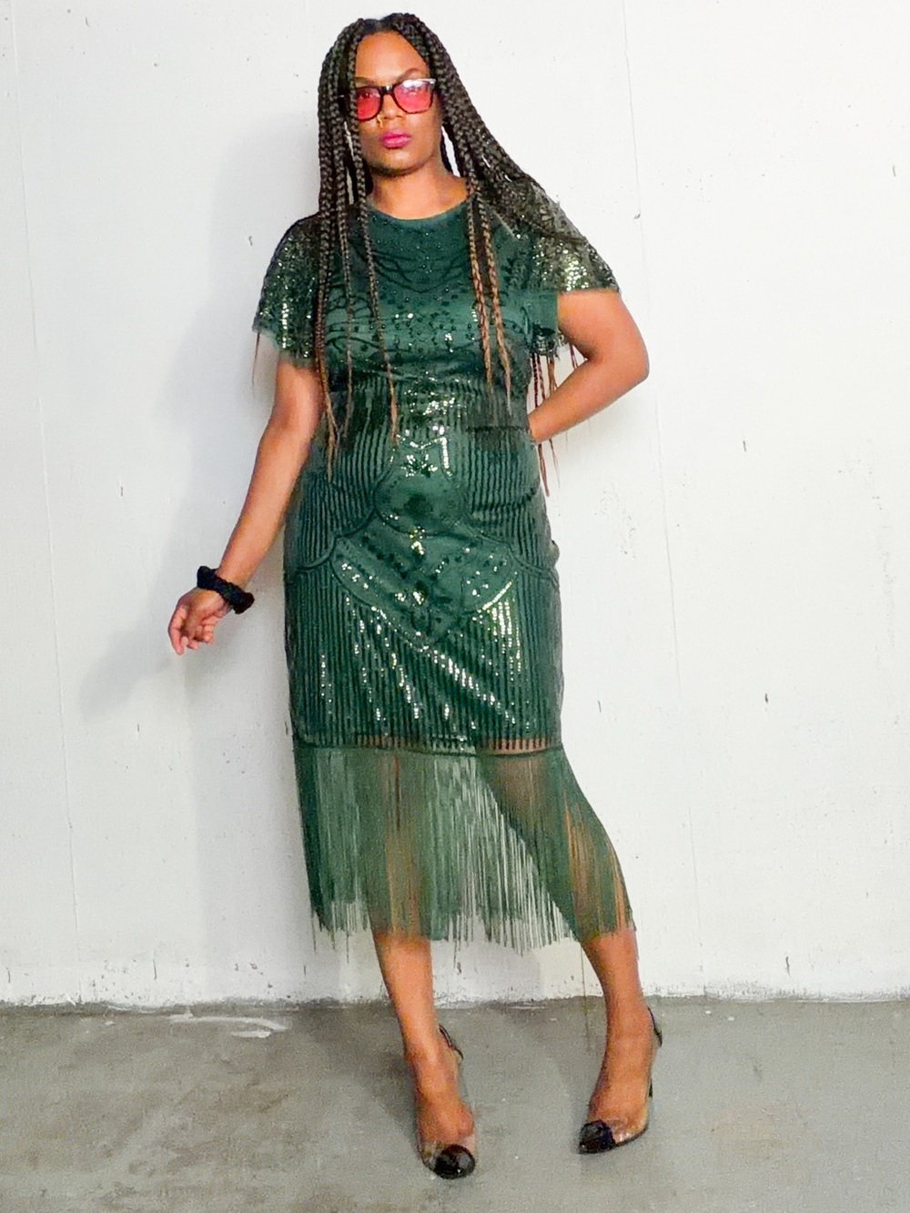 Emerald Green Fringe Sequin Cocktail Dress, XL